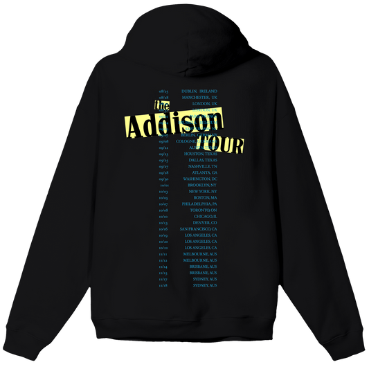 Back view of a black hoodie with “The Addison Tour” text and tour dates printed across the back.