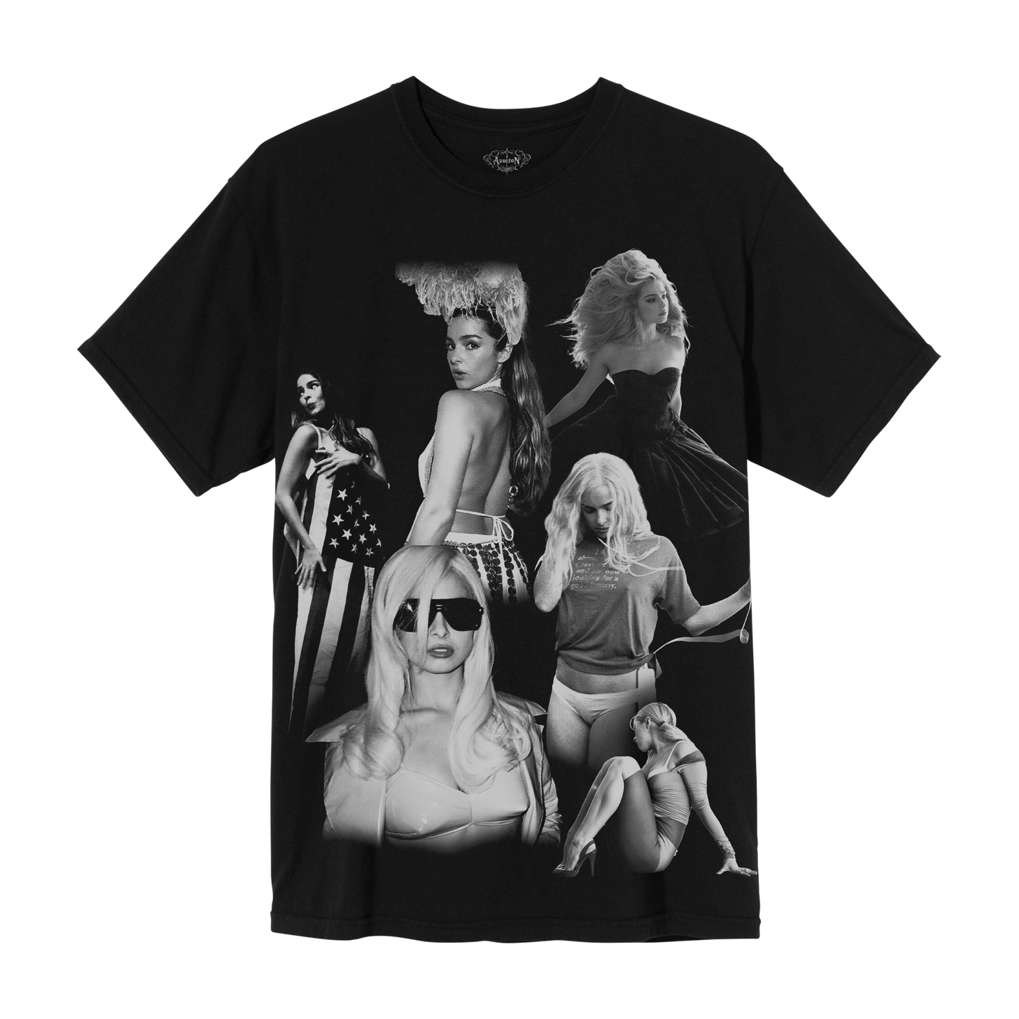 A unisex black t-shirt with Addison photo designs printed on the front