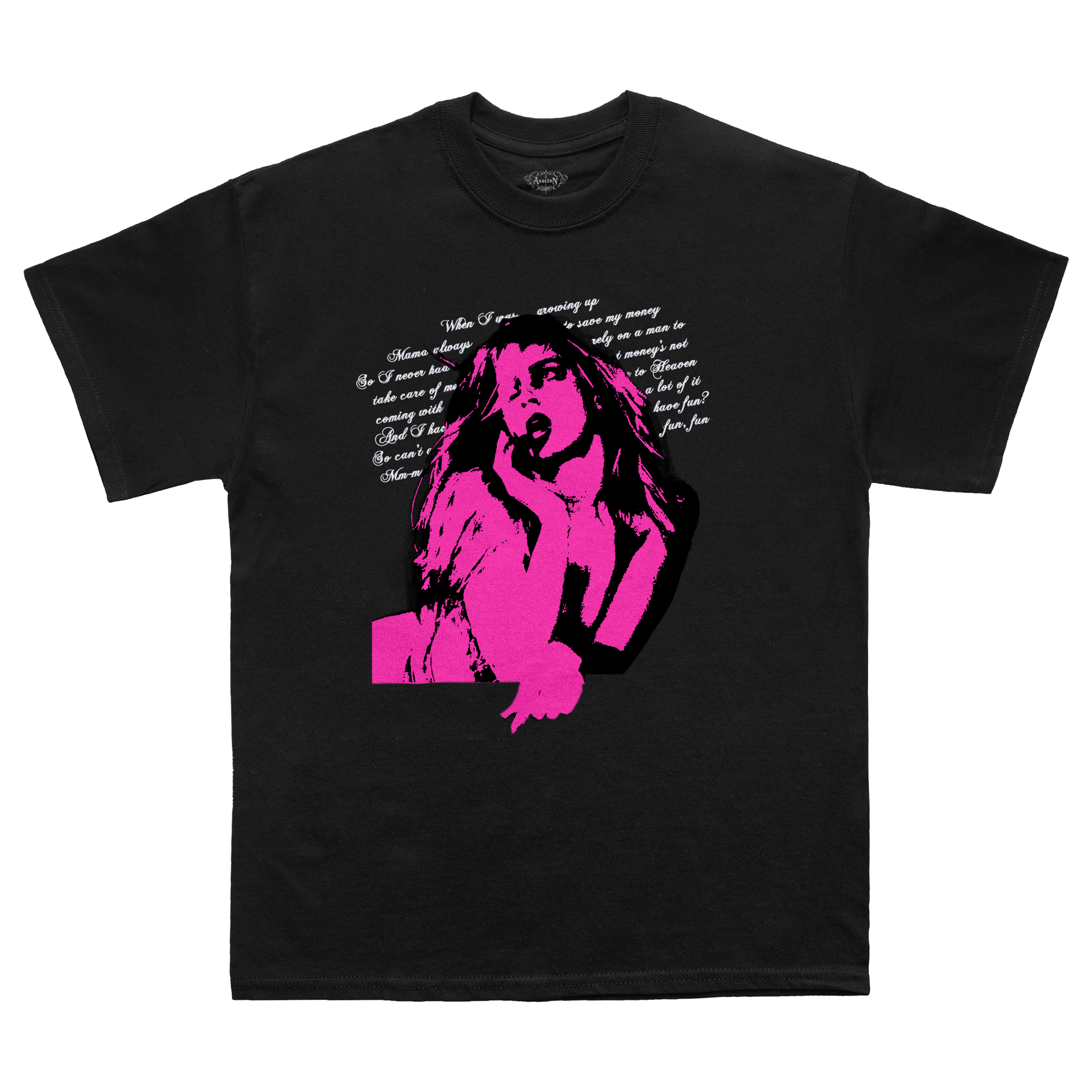 Black t-shirt with pink graphic of Addison Rae