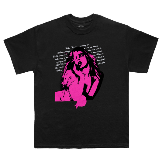 Black t-shirt with pink graphic of Addison Rae