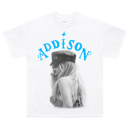 White t-shirt with a graphic of Addison Rae and the name 'Addison' in blue text.