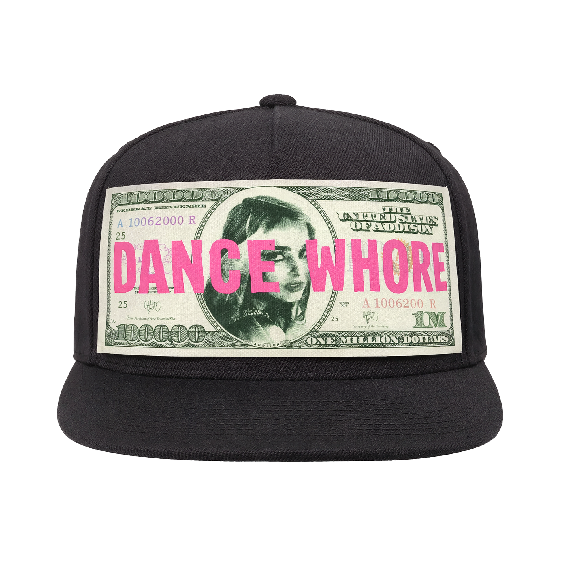Black cap with dollar bill design and 'DANCE WHORE' text