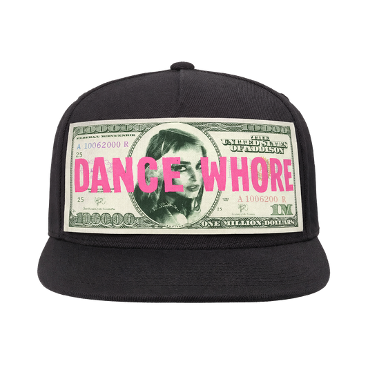 Black cap with dollar bill design and 'DANCE WHORE' text