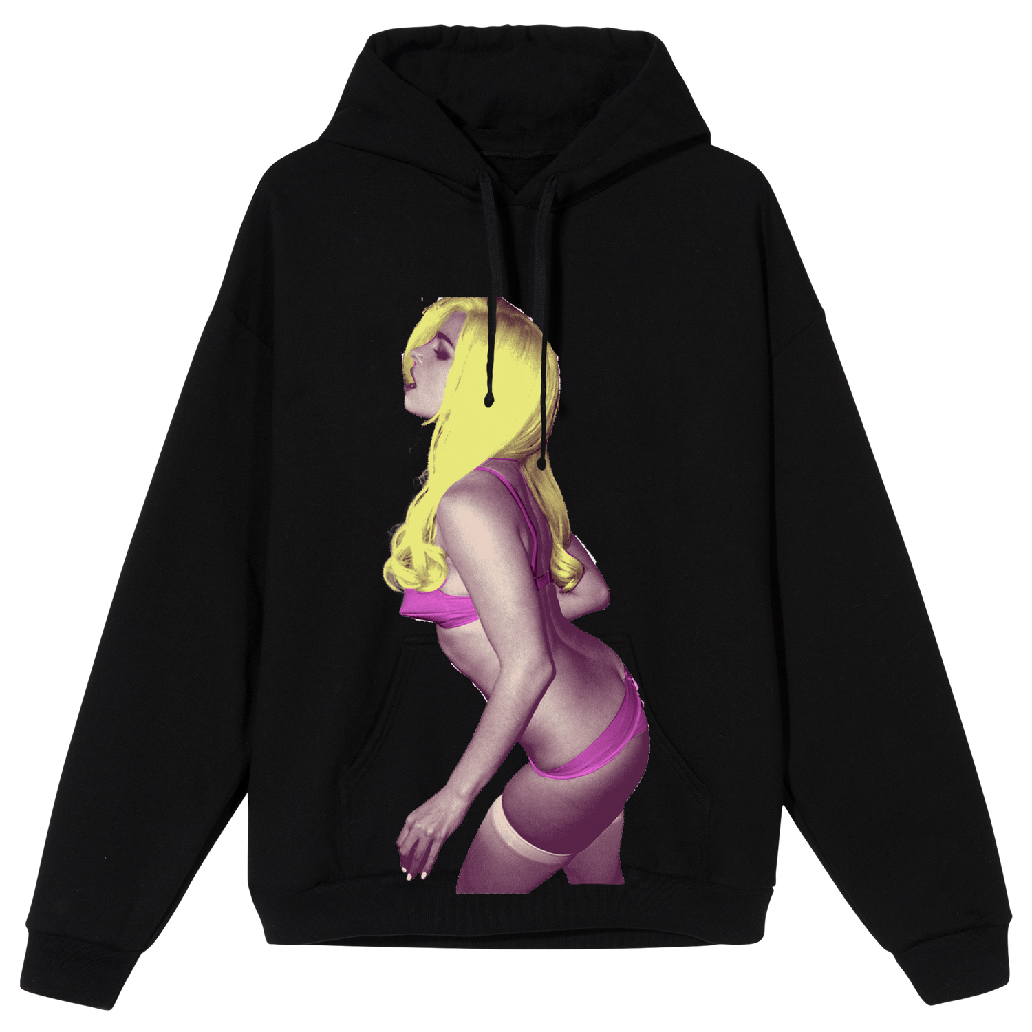 Front view of a black hoodie featuring an image of Addison Rae in pink tones with yellow hair printed across the front.